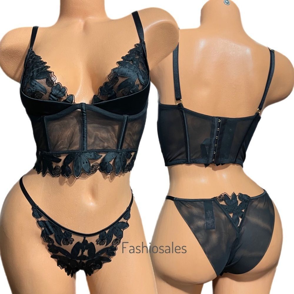 Victorias Secret Very Sexy Set Mesh Satin Embroidery Bustier bra & Brazilian